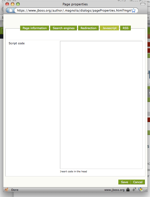 Edit page properties - JavaScript tab